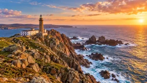Faro de Cabo Vilán al atardecer, rodeado de acantilados y el océano Atlántico, en la Ruta Occidental por Costa da Morte.