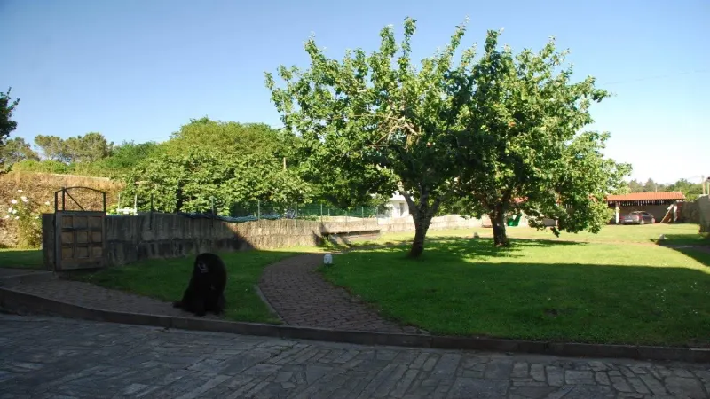 Jardín de Casa do Vento en Costa da Morte, con césped, árboles, sendero de piedra y zona exterior de descanso.